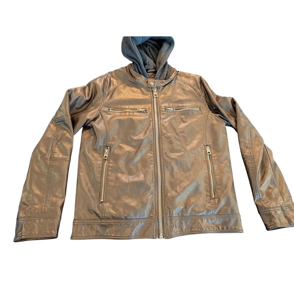 Guess Los Angeles Men's Faux Leather Moto Jacket Removable Hood Black Medium M